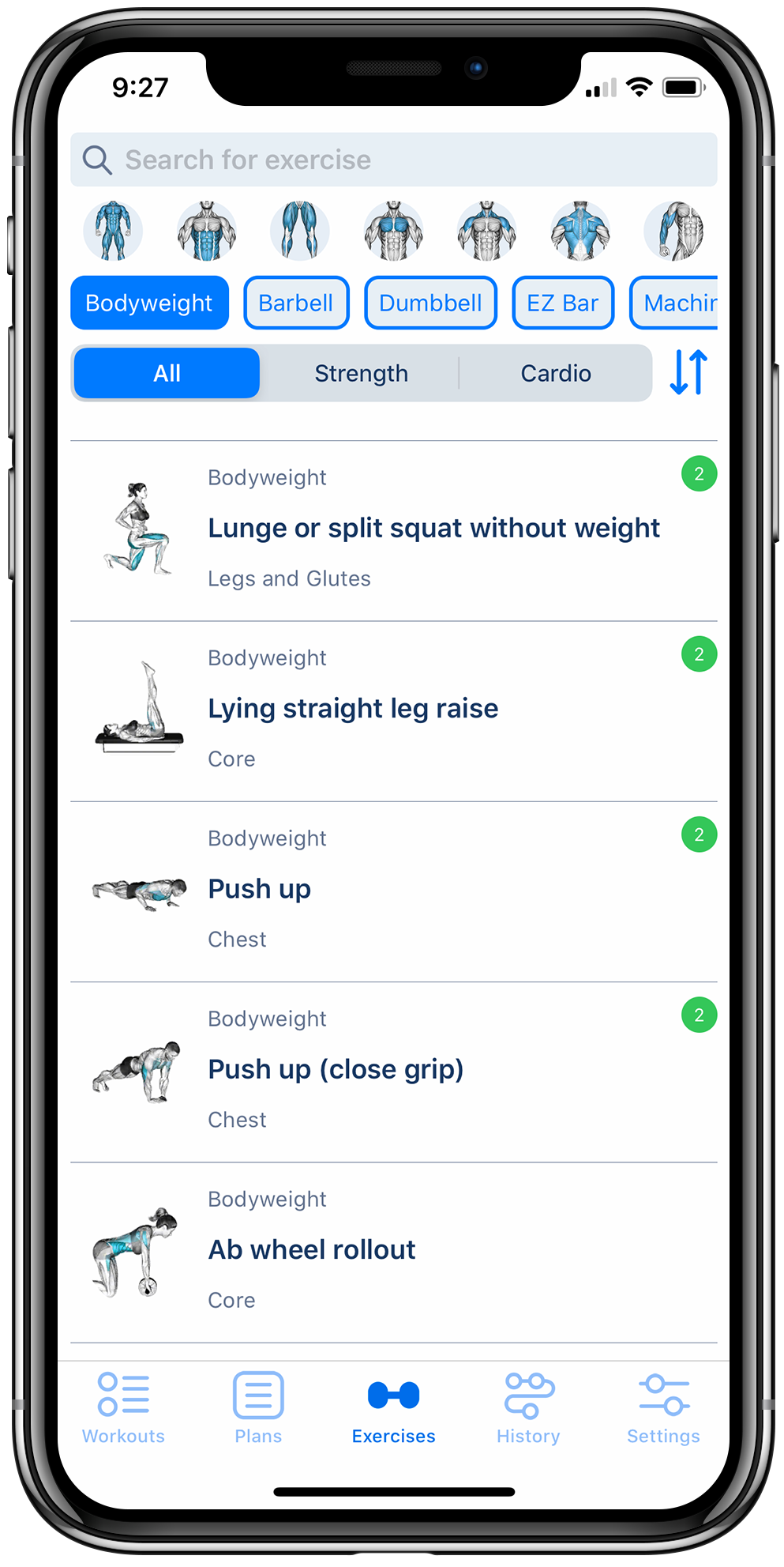 Workout tracker app on iPhone displaying a list of fitness exercises