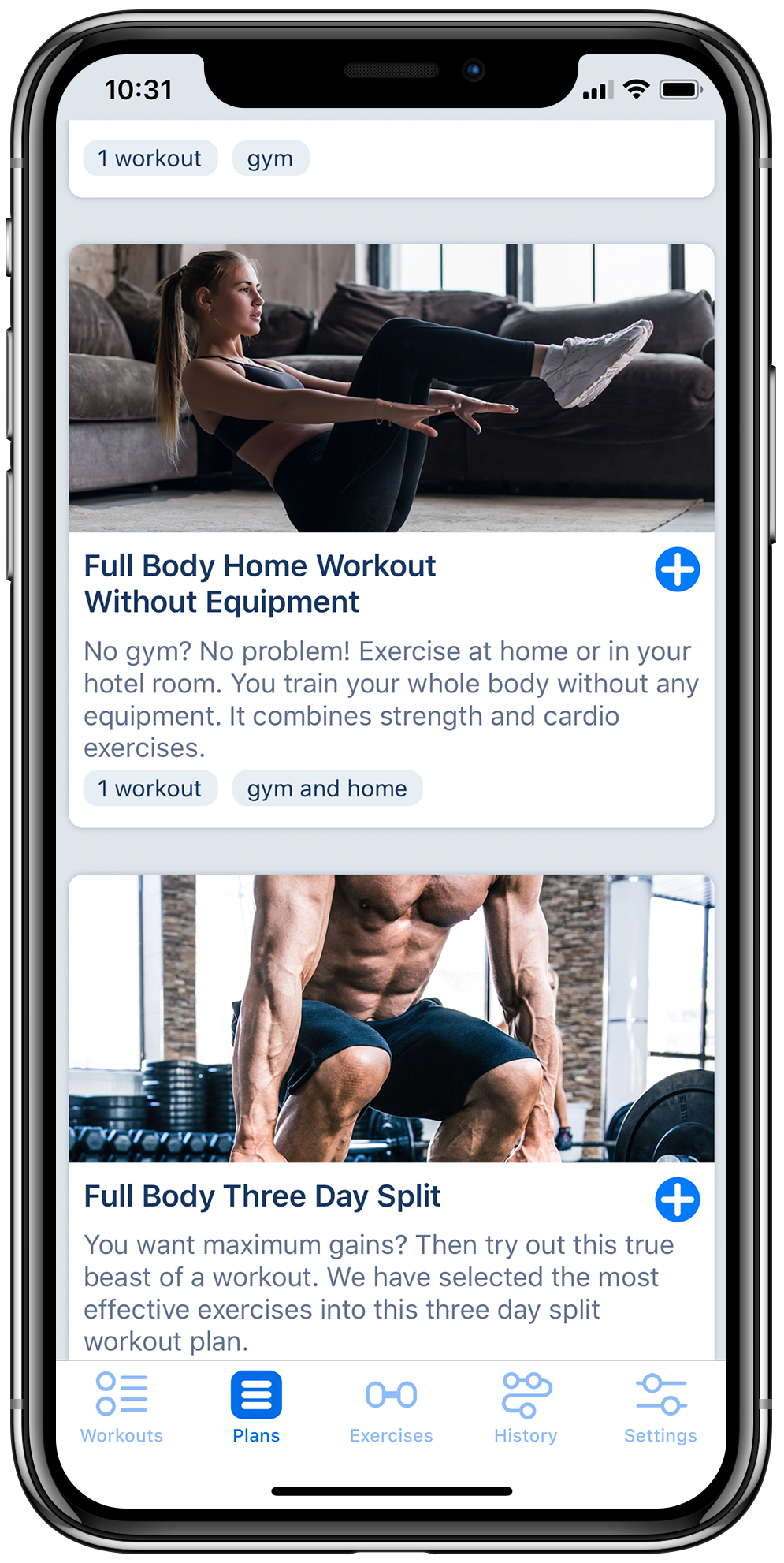 Workout tracker app on iPhone displaying list of predefined workout plans