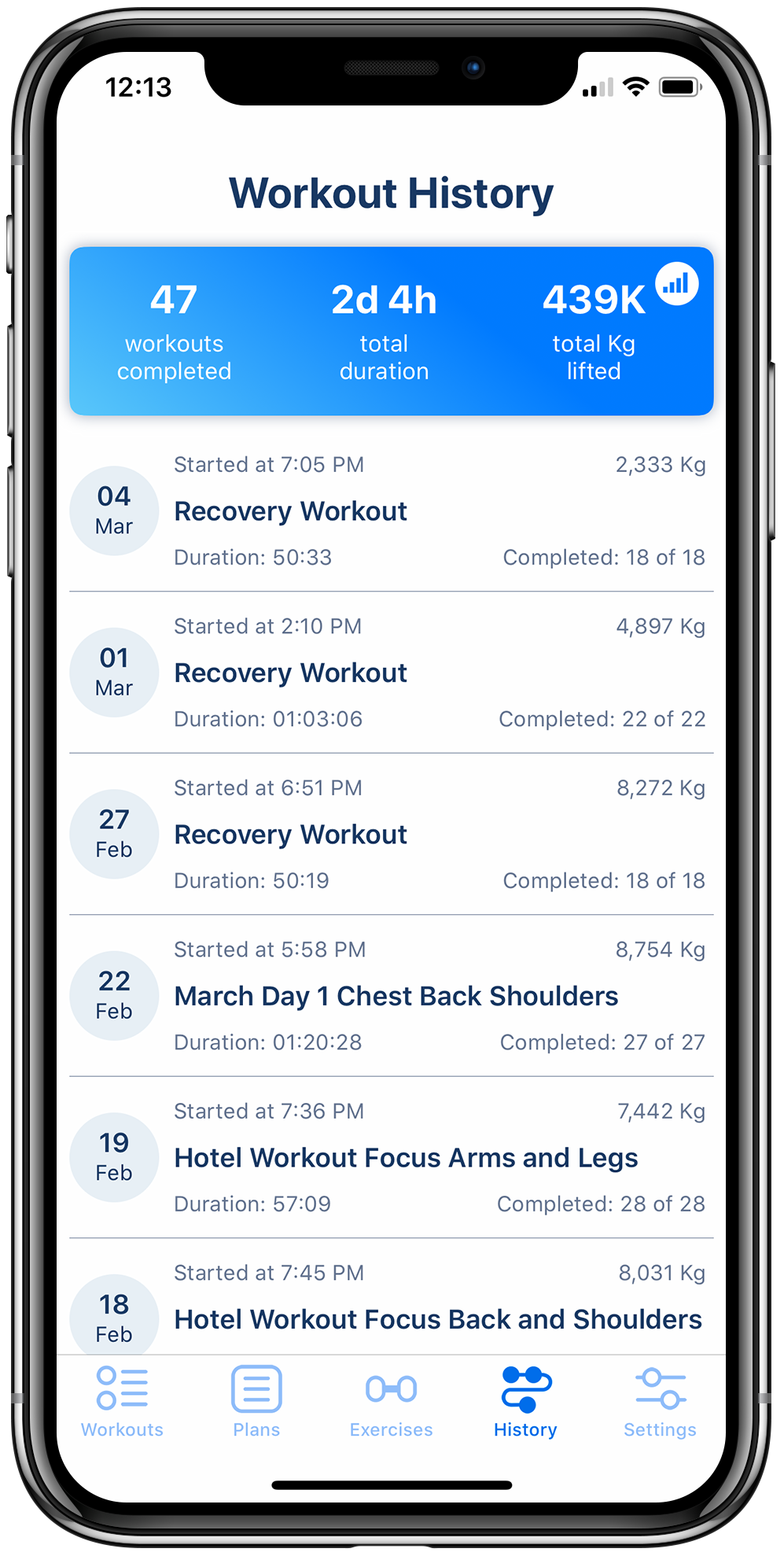 Workout tracker app on iPhone displaying a history of executed workouts