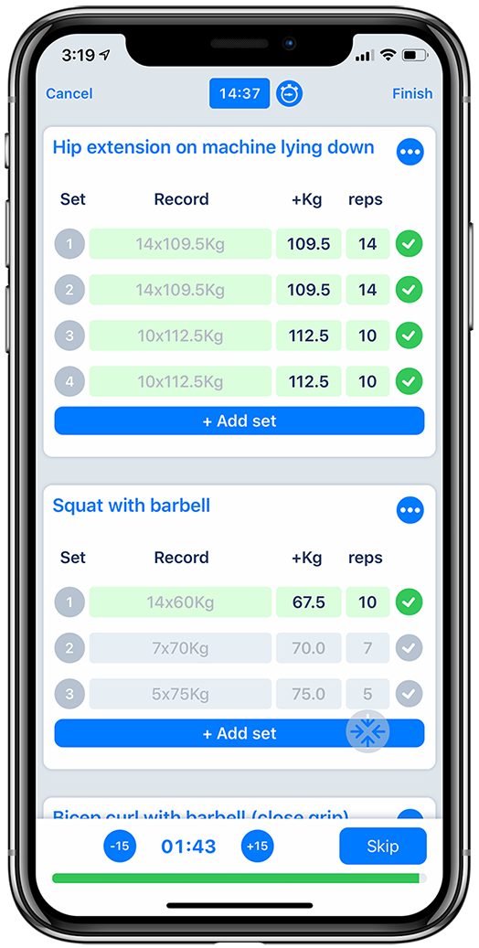 Workout tracker app on iPhone displaying a weightlifting exercise